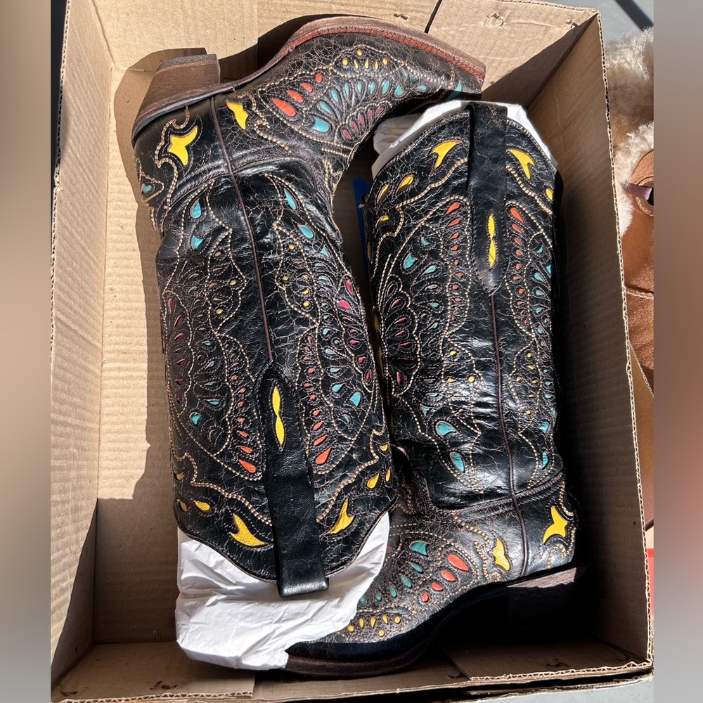 Corral Black Western Heeled Boots with Yellow, Teal & Red Accents